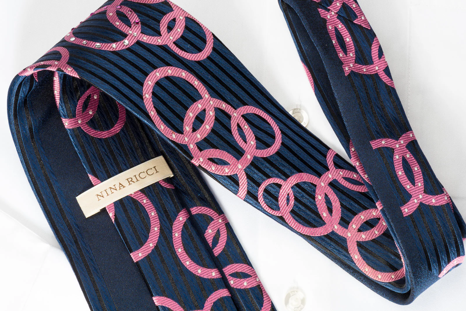 Nina Ricci Rhinestone Necktie Pink Geometric Circles On Blue Woven Silk - Image 4