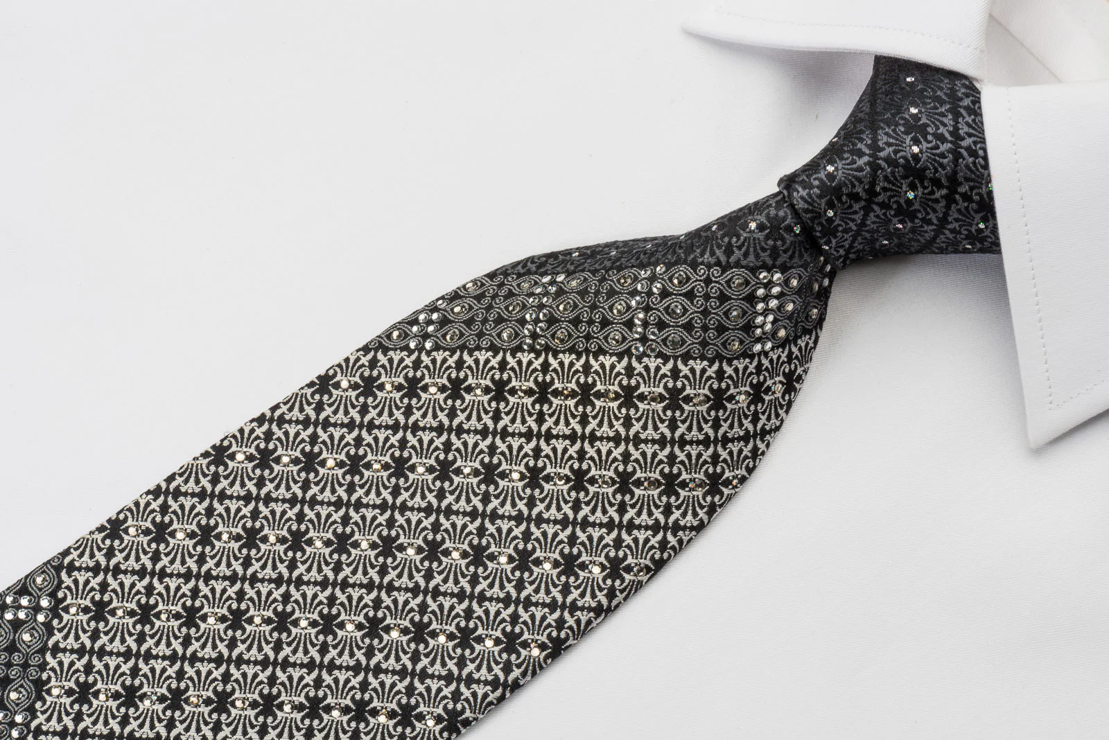 Nina Ricci Rhinestone Necktie Silver Fleur De Lis On Black With Silver Sparkles - Image 5