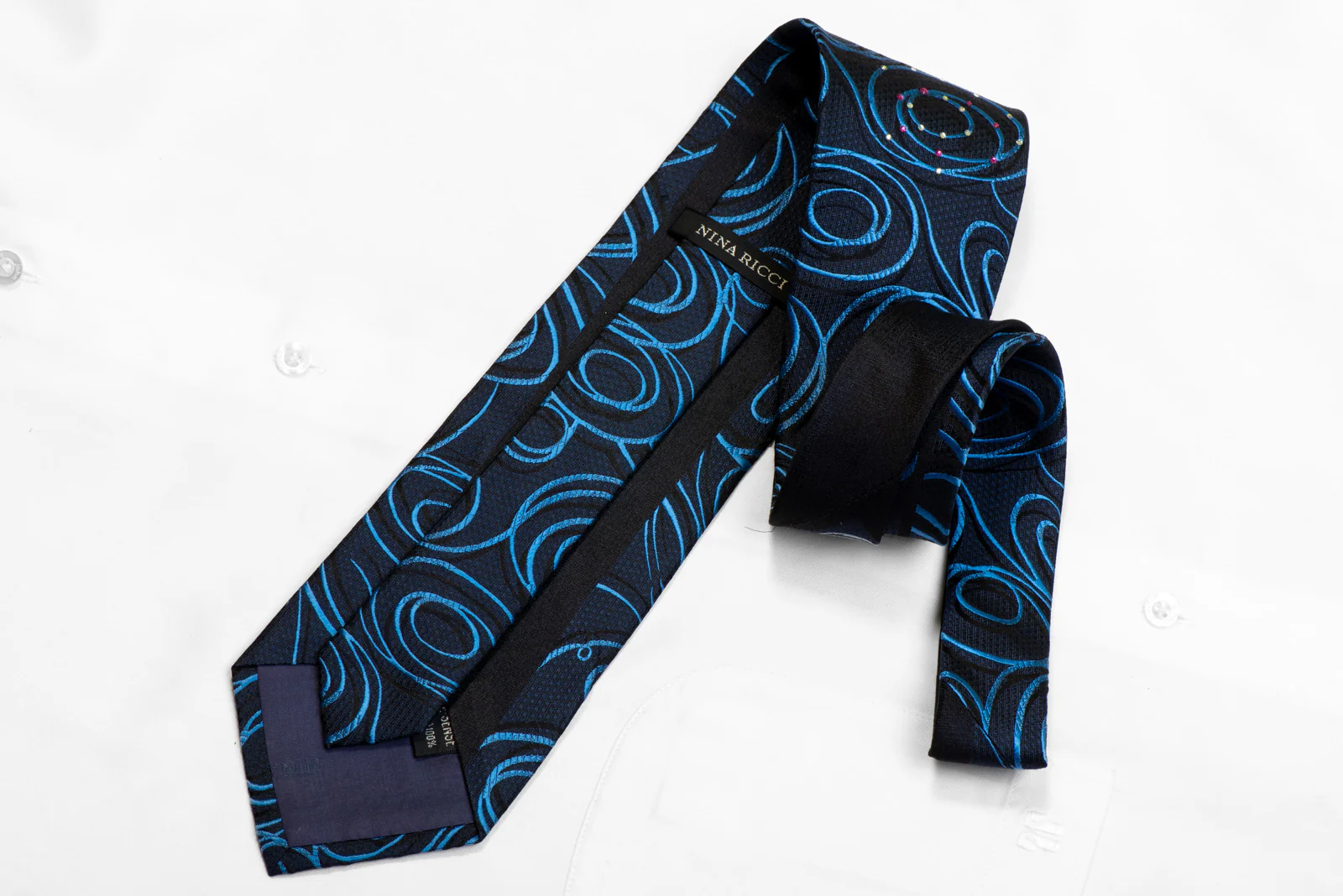Nina Ricci Rhinestone Silk Necktie Blue Scrolls On Navy - Image 4