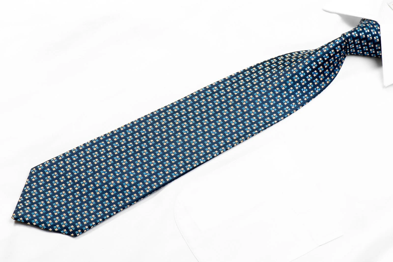 Nina Ricci Blue Silver Micro Squares On Navy Rhinestone Silk Necktie - Image 3