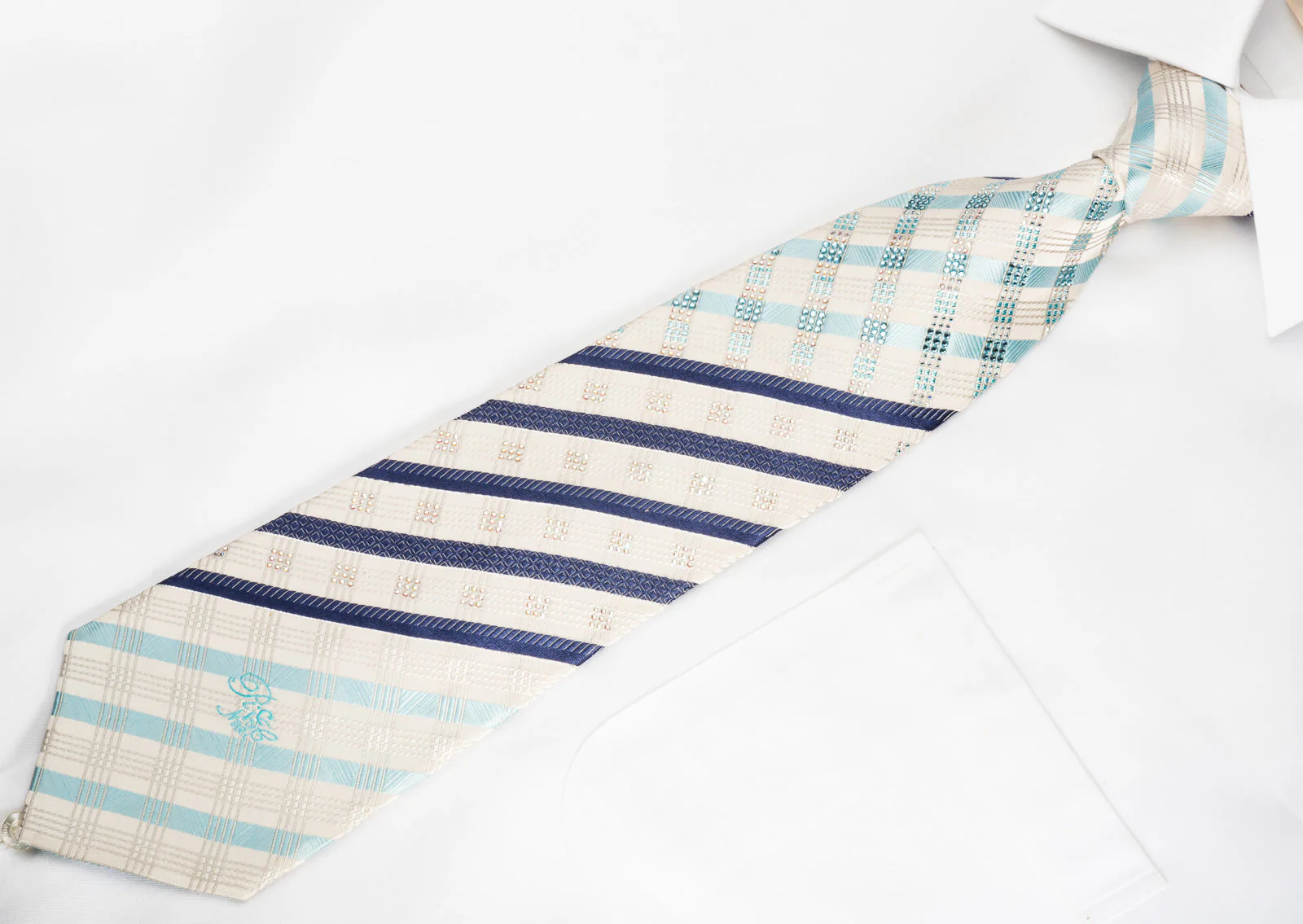 Nina Ricci Rhinestone Silk Necktie Blue Striped On White With Sparkles - Image 2