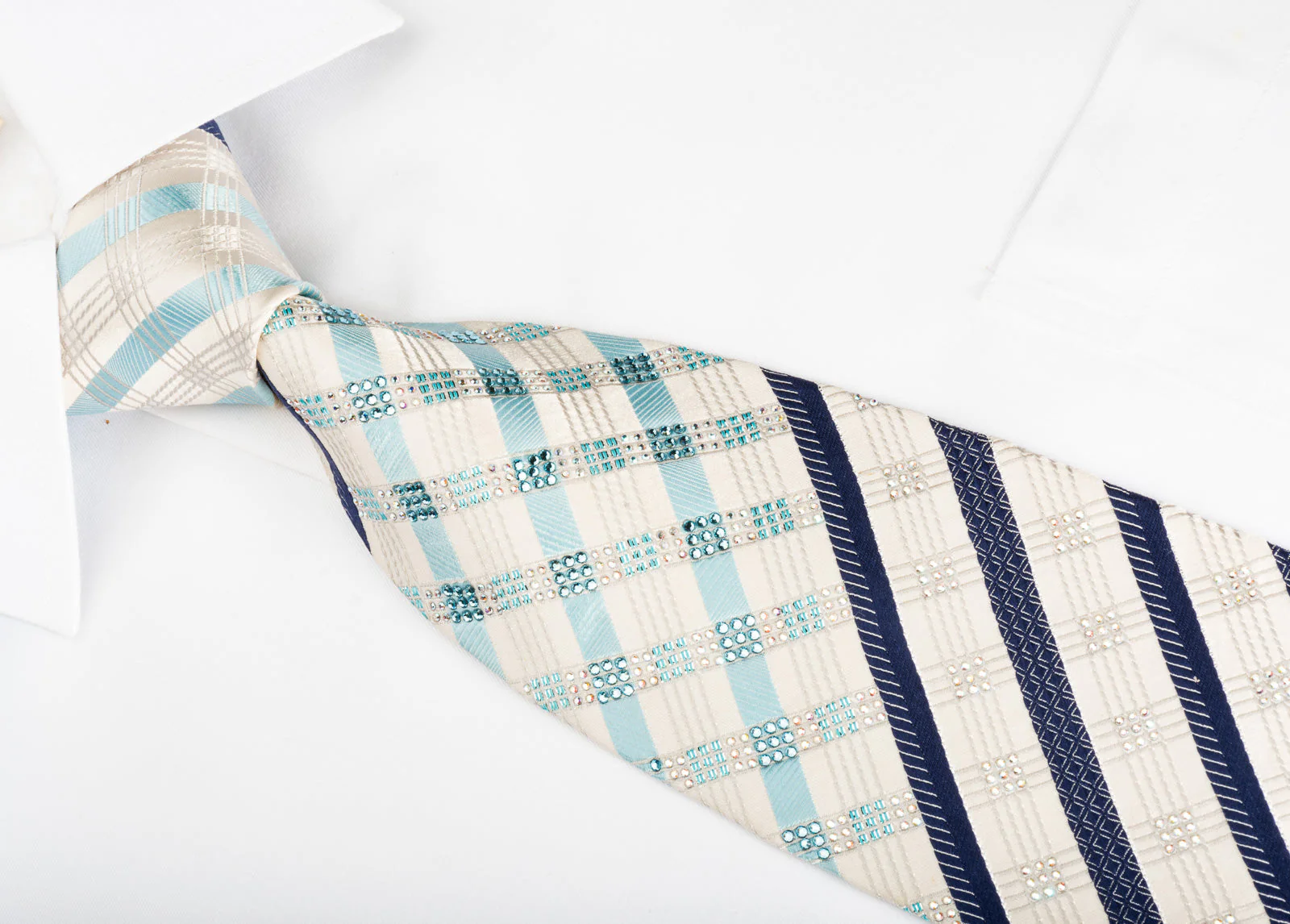 Nina Ricci Rhinestone Silk Necktie Blue Striped On White With Sparkles - Image 4