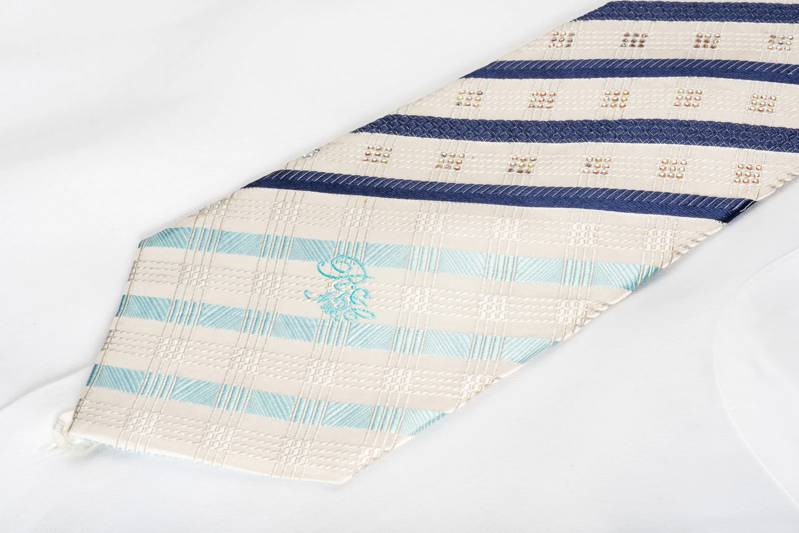 Nina Ricci Rhinestone Silk Necktie Blue Striped On White With Sparkles - Image 5