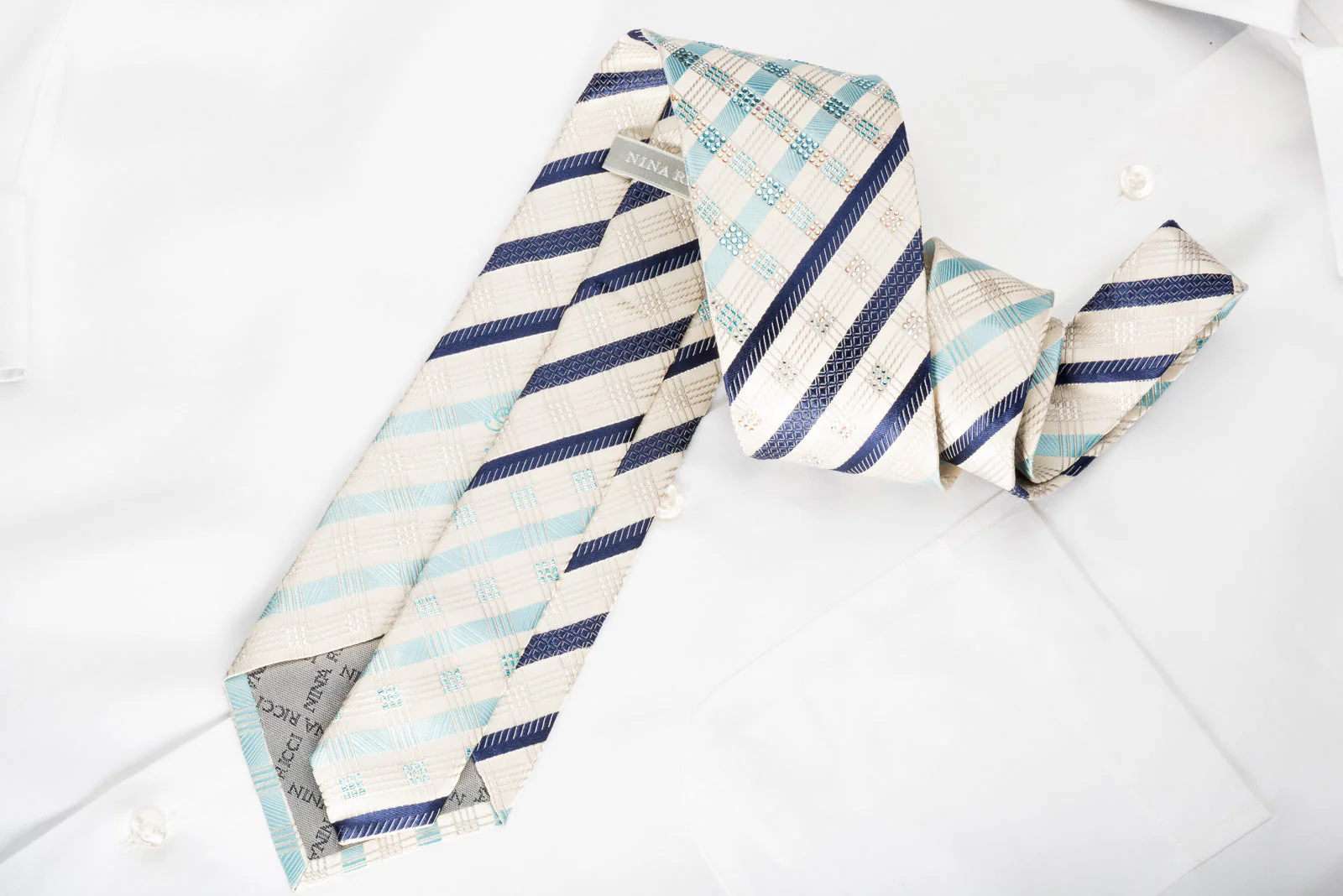 Nina Ricci Rhinestone Silk Necktie Blue Striped On White With Sparkles - Image 6