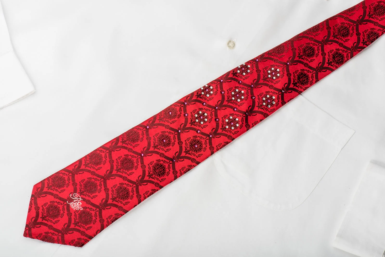 Nina Ricci Mens Rhinestone Silk Necktie Damask On Red - Image 4