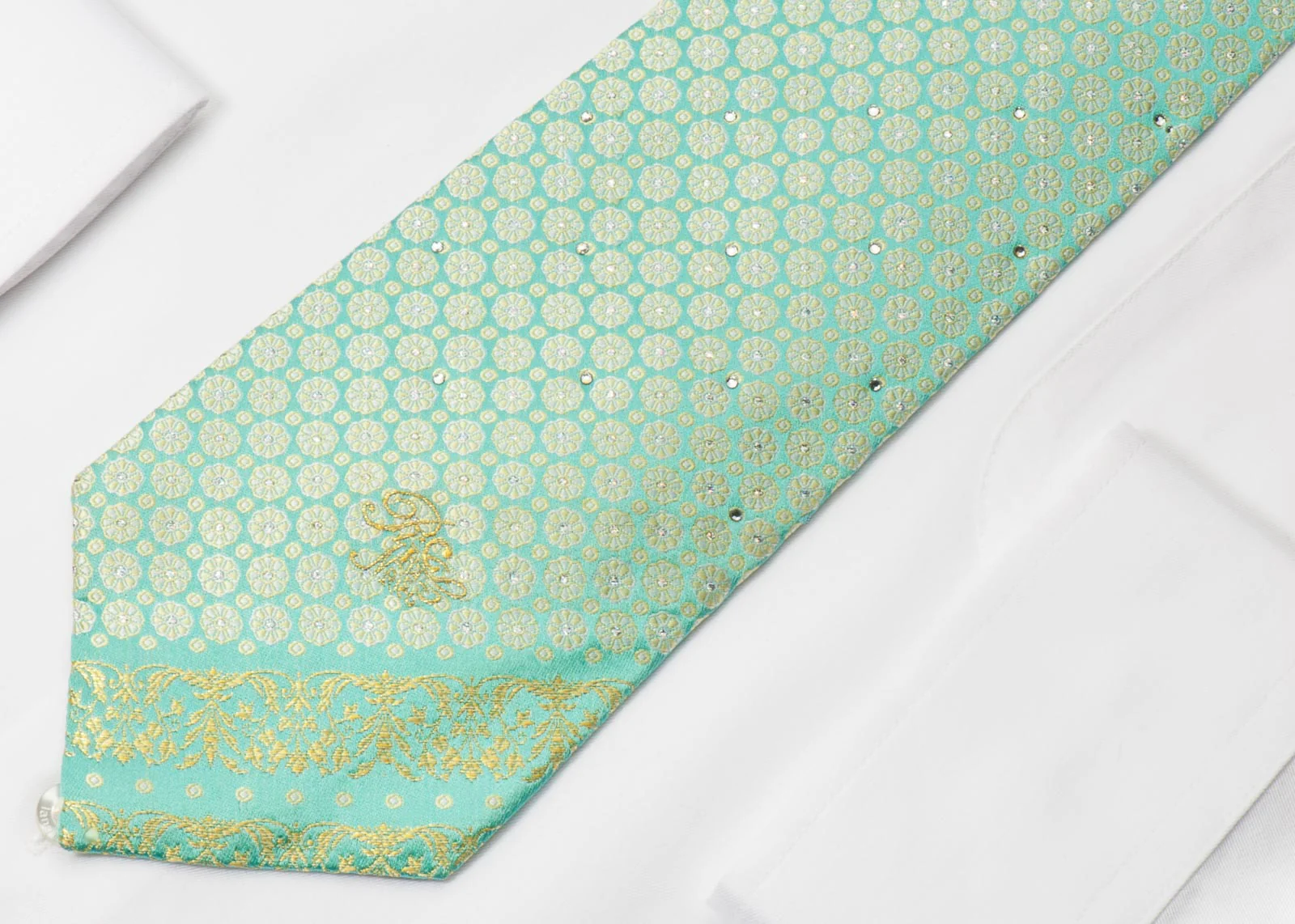 Nina Ricci Rhinestone Silk Necktie Geometric Floral On Mint Green With Golden Sparkles - Image 5