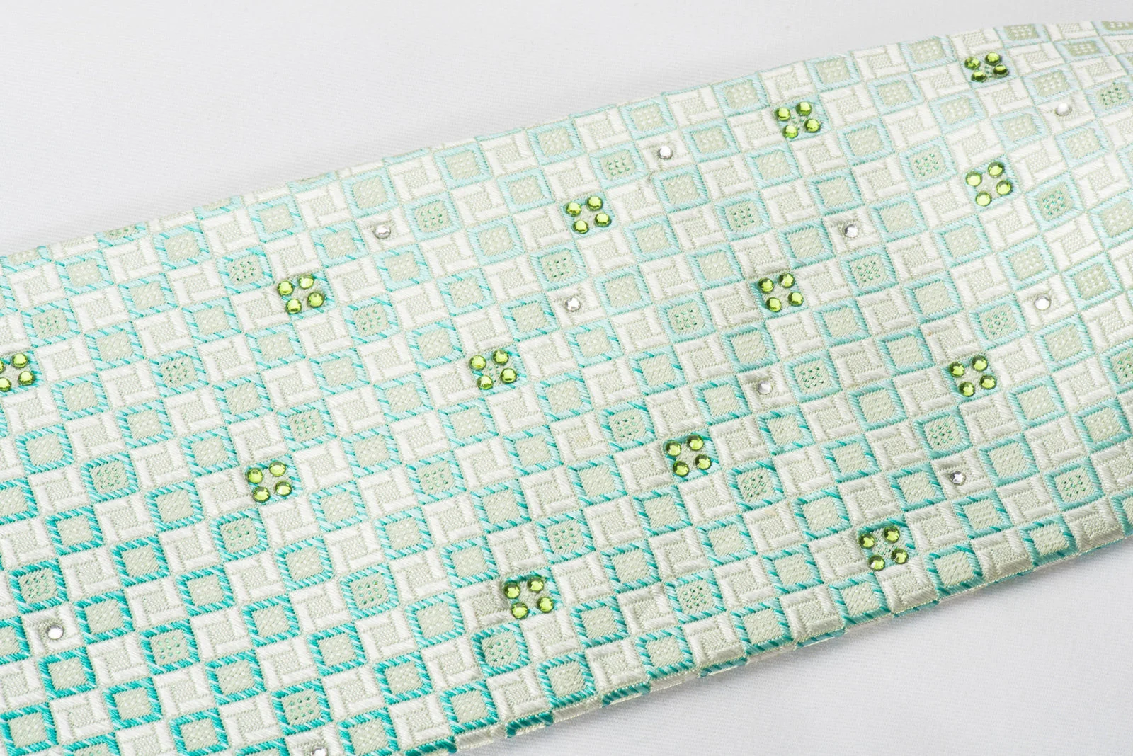 Nina Ricci Rhinestone Silk Necktie Green White Checkered With Silver Sparkles - Image 3