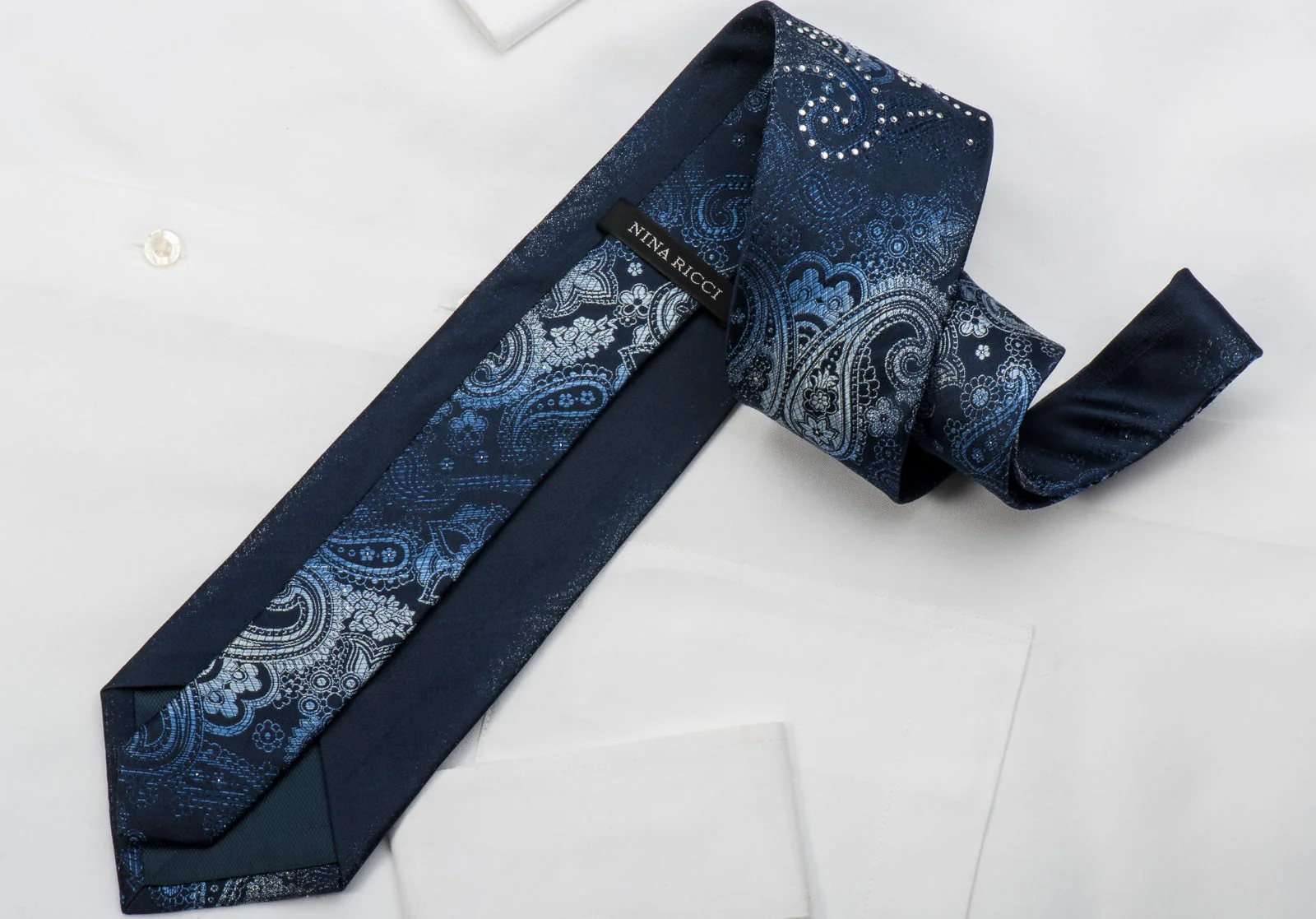 Nina Ricci Rhinestone Silk Necktie Paisley On Blue With Silver Sparkles - Image 4
