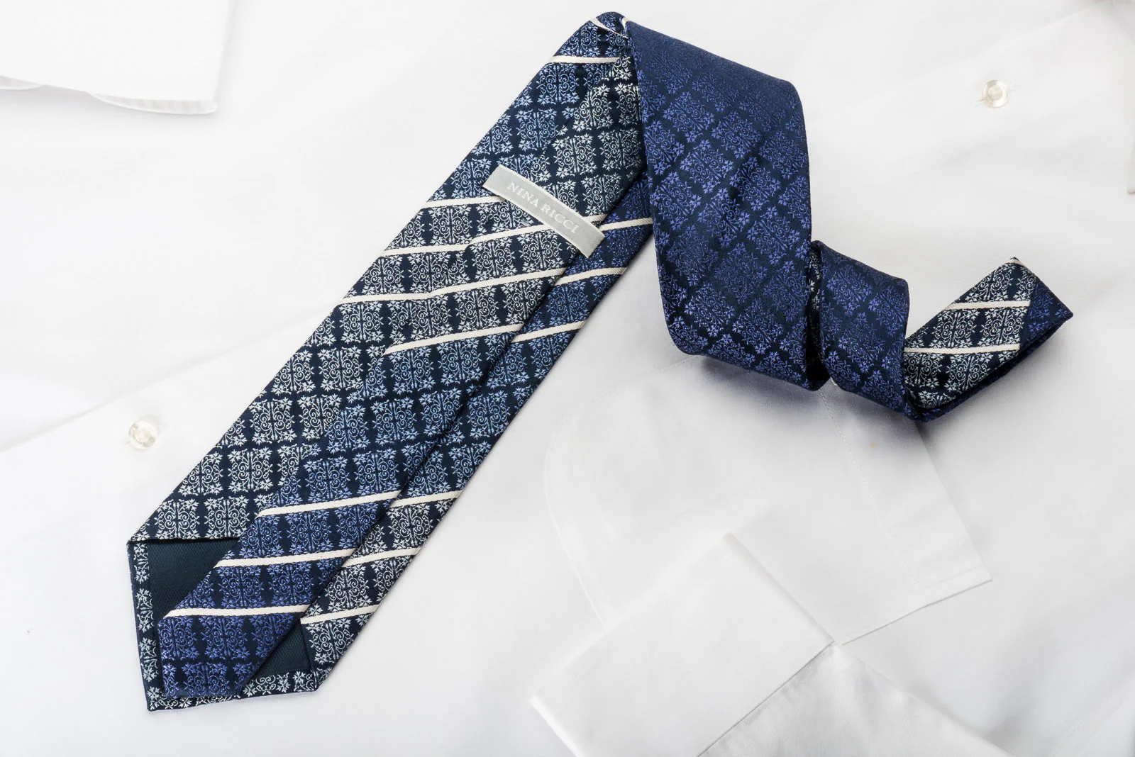 Nina Ricci Rhinestone Silk Necktie Silver Cartouche & Striped On Blue With Sparkles - Image 3