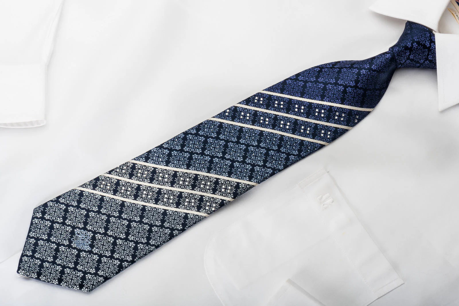 Nina Ricci Rhinestone Silk Necktie Silver Cartouche & Striped On Blue With Sparkles - Image 5