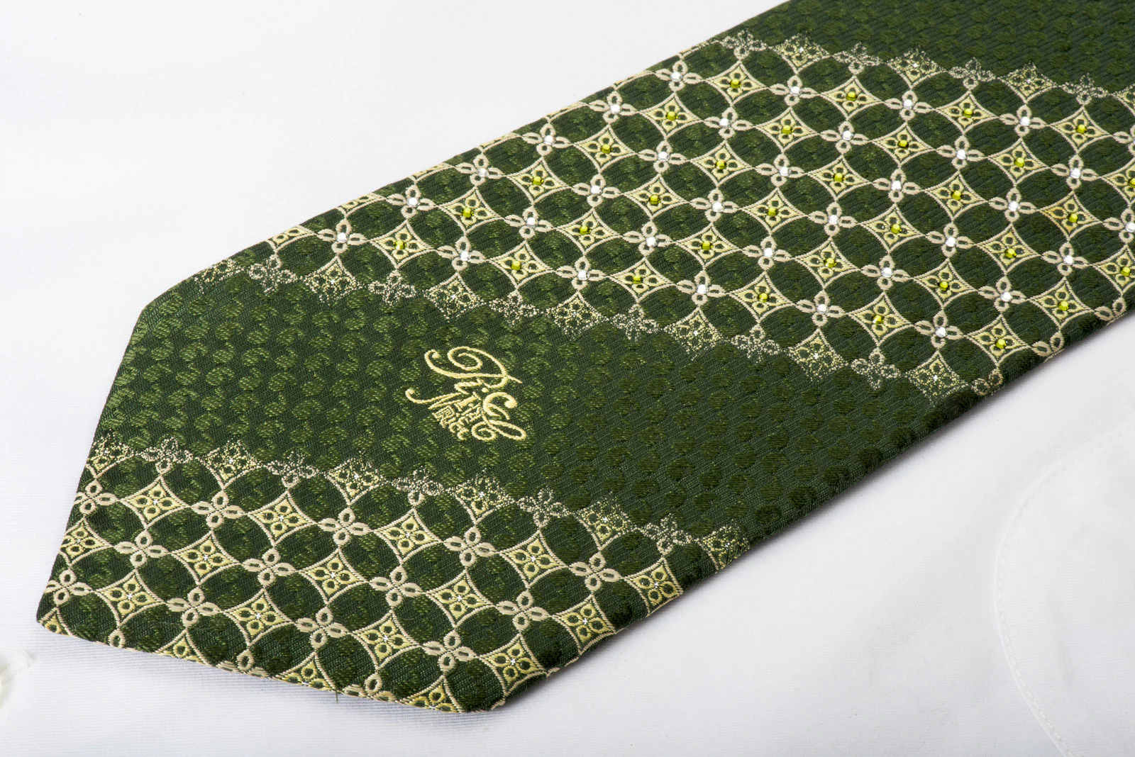 Nina Ricci Rhinestone Silk Tie Yellow Foulard On Green With Silver Sparkles - Image 3