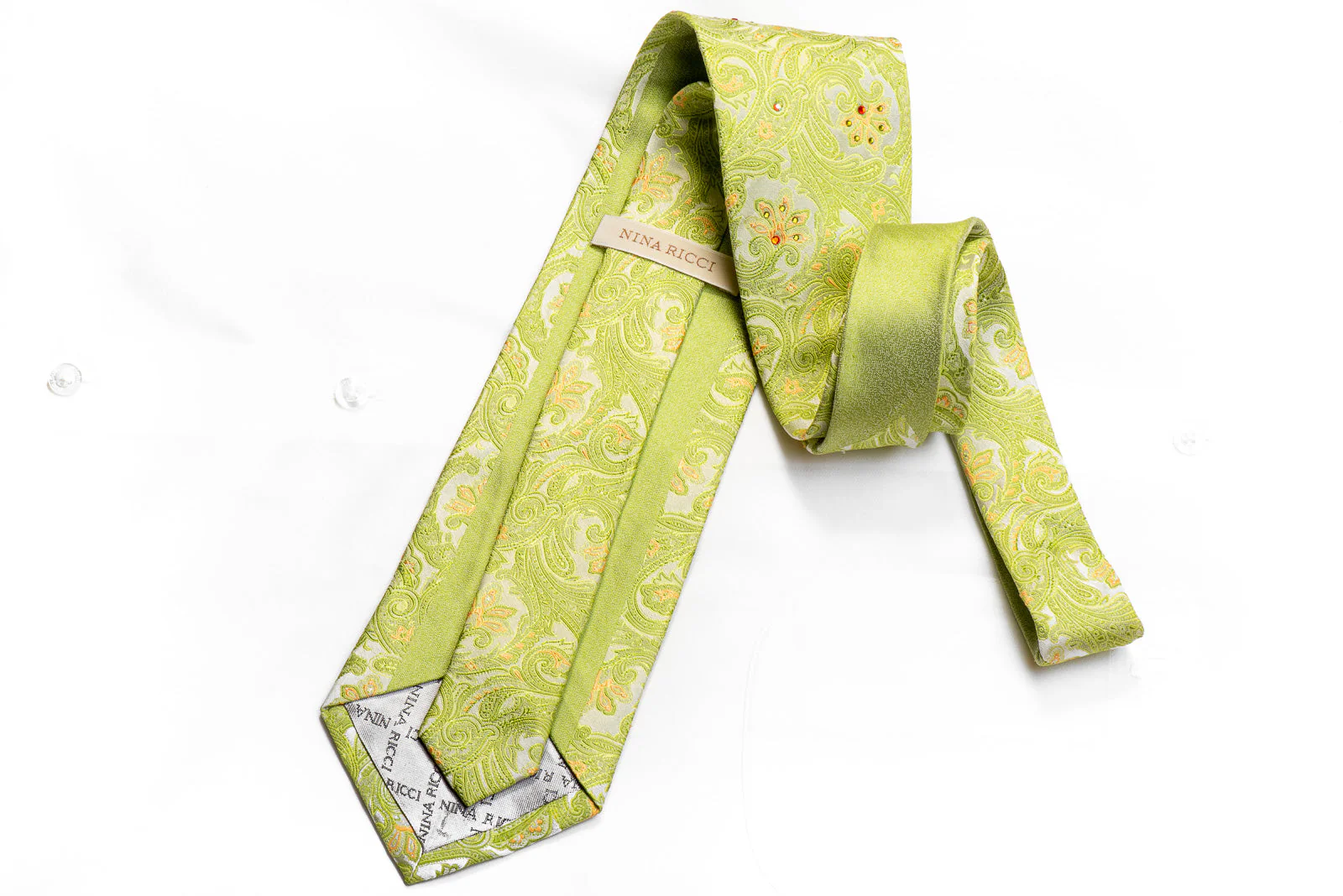 Nina Ricci Rhinestone Tie Green Paisley On Silver With Sparkles - Image 5