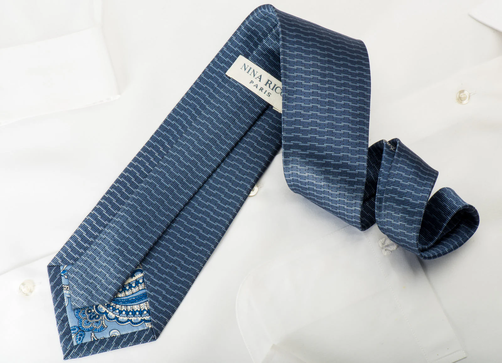 Nina Ricci Silk Necktie Blue Geometric On Navy Classic 3 3/4 Inch - Image 4