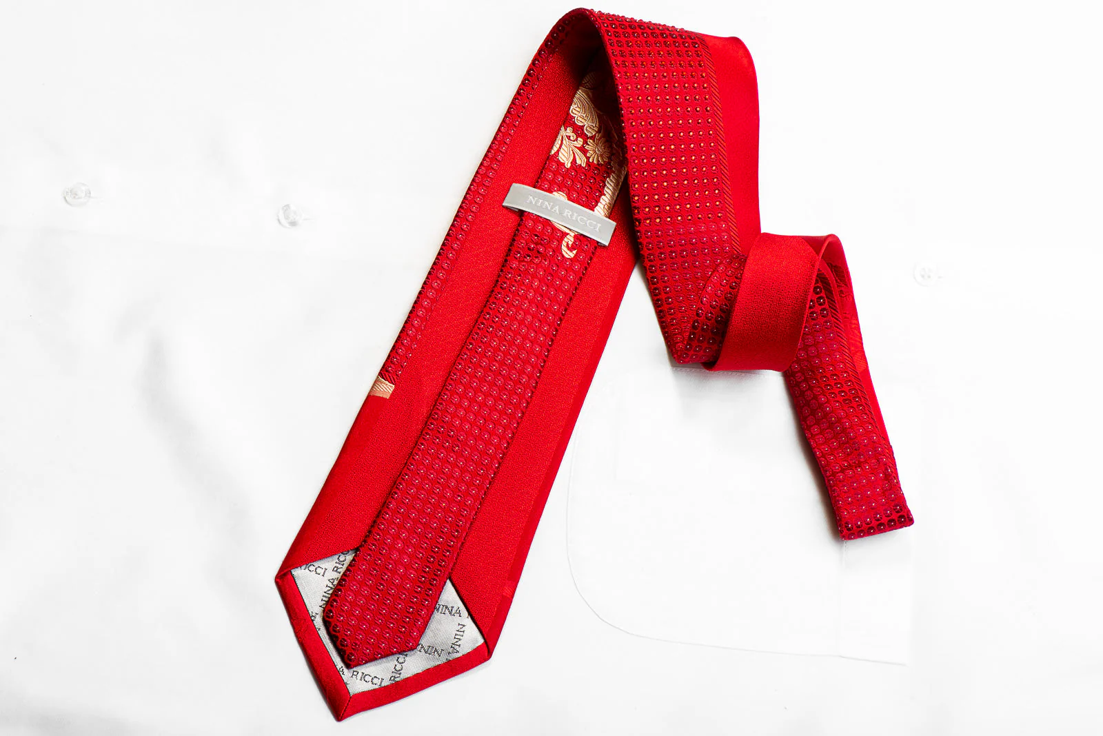 Nina Ricci Silk Necktie Gold Acanthus & red Crystal Rhinestones On Red - Image 6