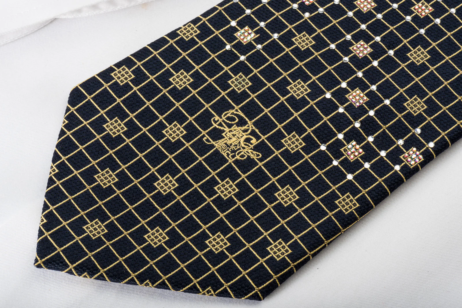 Nina Ricci Silk Necktie Golden Trellis On Navy Blue Sparkling With Crystal Rhinestones - Image 4