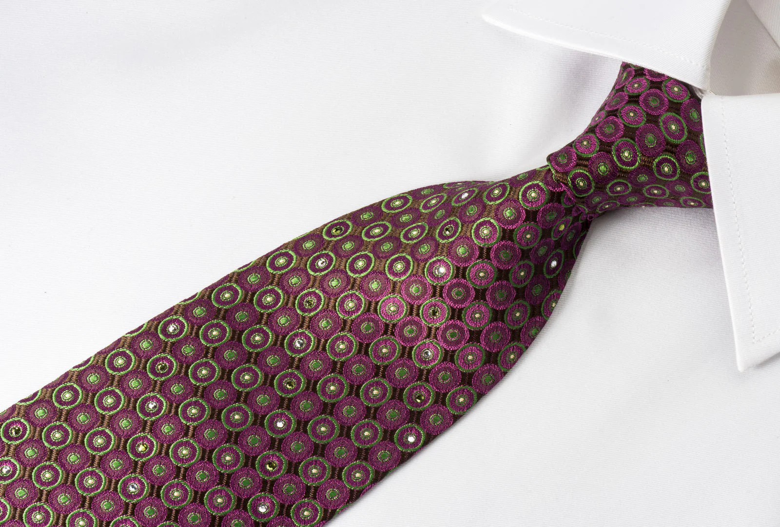 Nina Ricci Silk Necktie Green Purple Dots On Purple With Rhinestones - Image 4