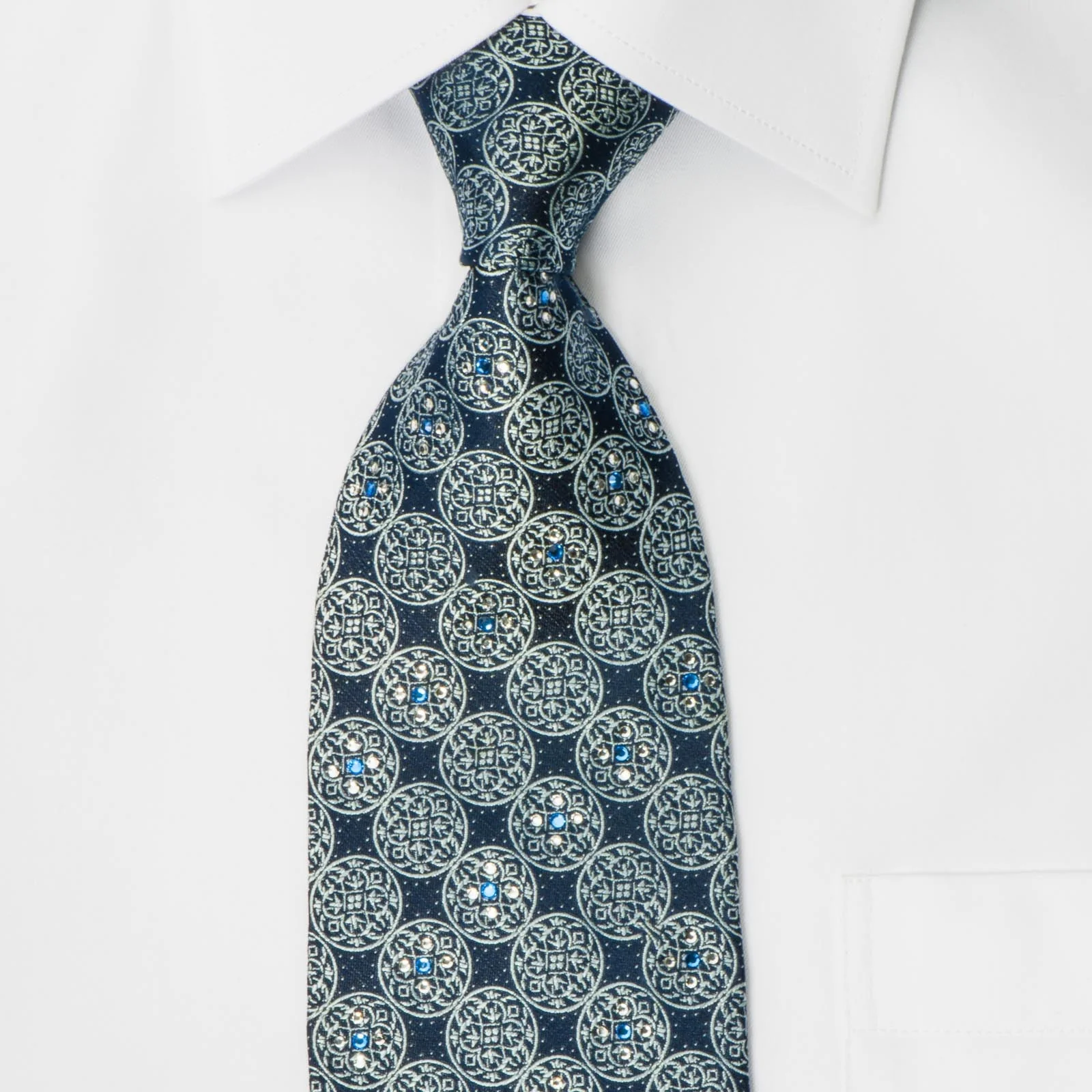 Nina Ricci Silk Necktie Medallions On Blue With Crystal Rhinestones - Image 2