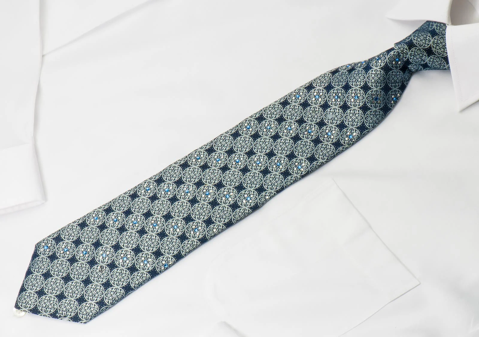 Nina Ricci Silk Necktie Medallions On Blue With Crystal Rhinestones - Image 3