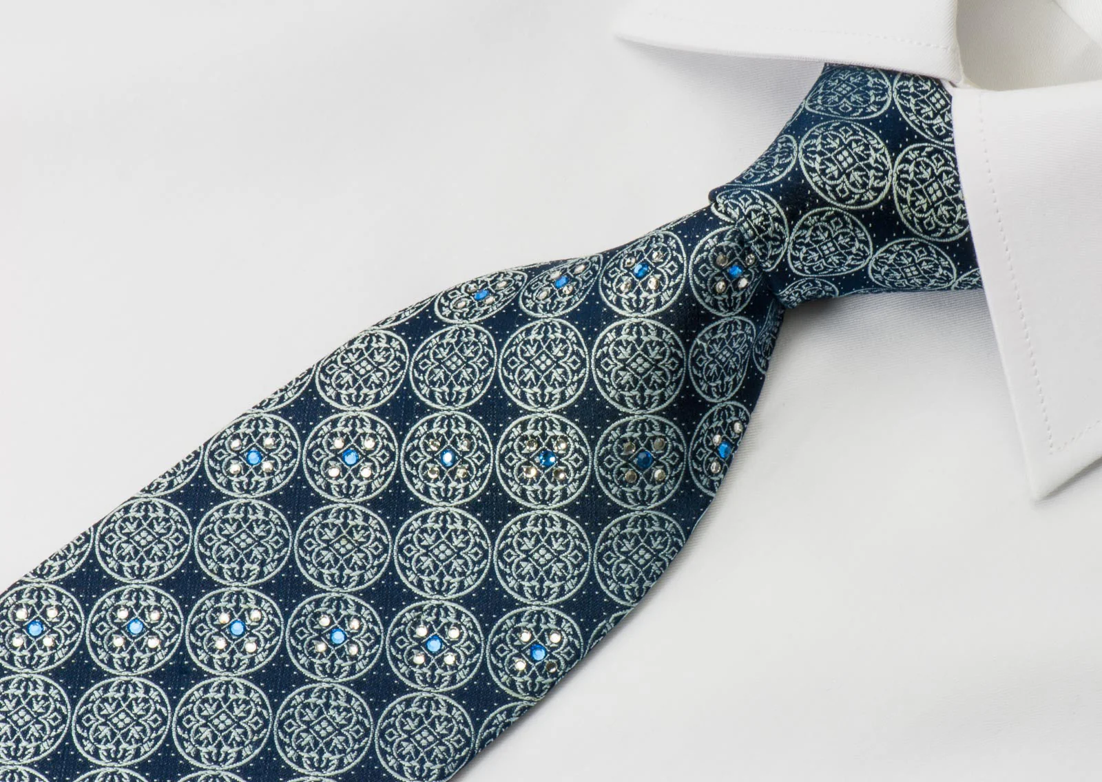 Nina Ricci Silk Necktie Medallions On Blue With Crystal Rhinestones - Image 5