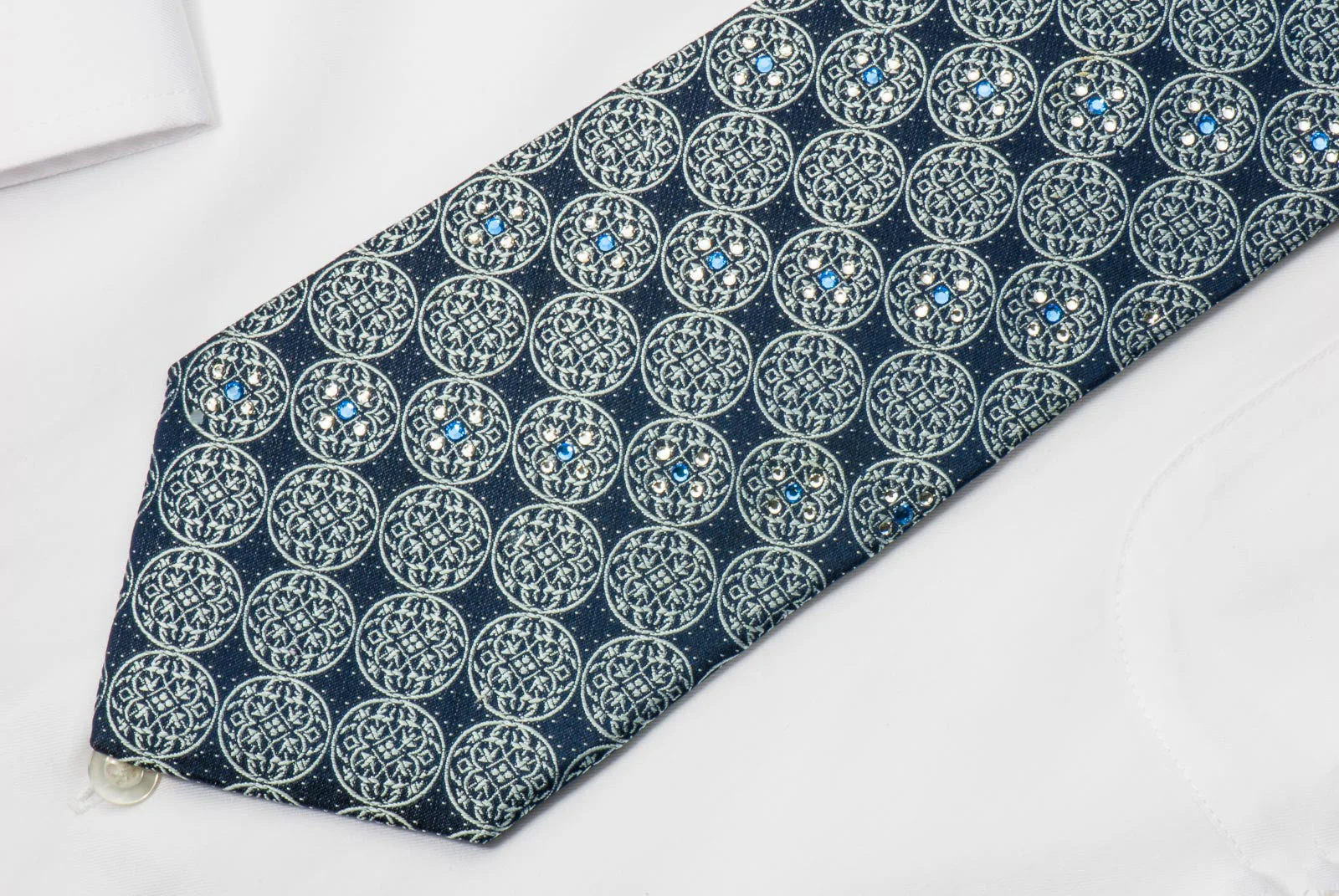 Nina Ricci Silk Necktie Medallions On Blue With Crystal Rhinestones - Image 6