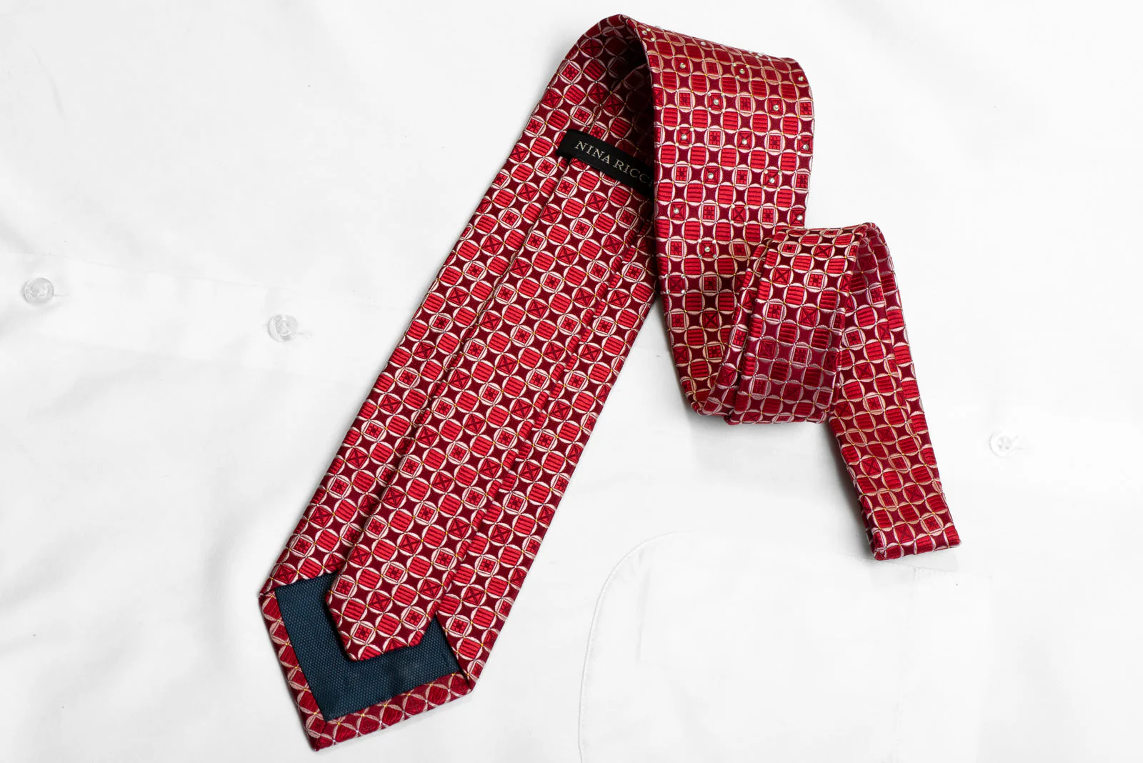 Silk Necktie Red Geometric On Burgundy With Gold Sparkles - Image 4