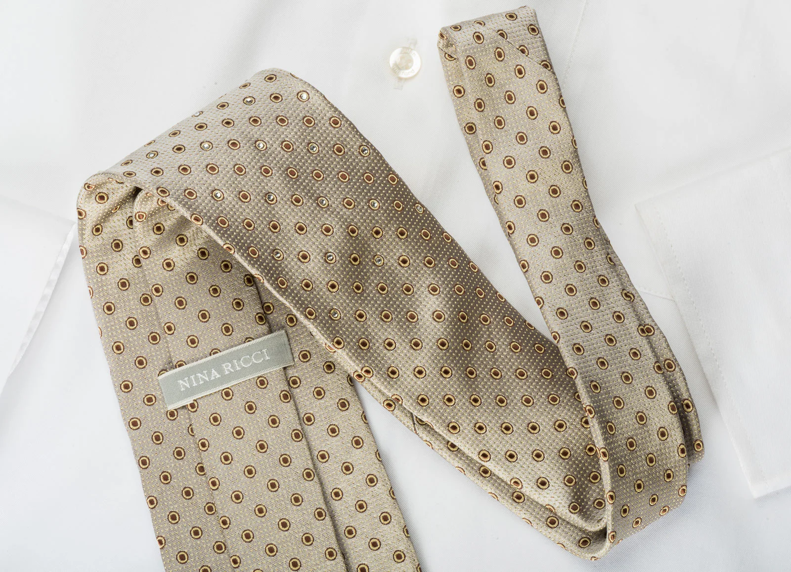 Nina Ricci Silk Rhinestone Necktie Brown Geometric Dots On Silver - Image 6