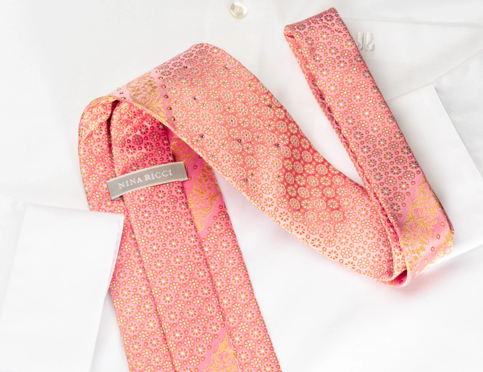 Nina Ricci Silk Rhinestone Necktie Floral Foulard On Pink With Golden Sparkles - Image 4