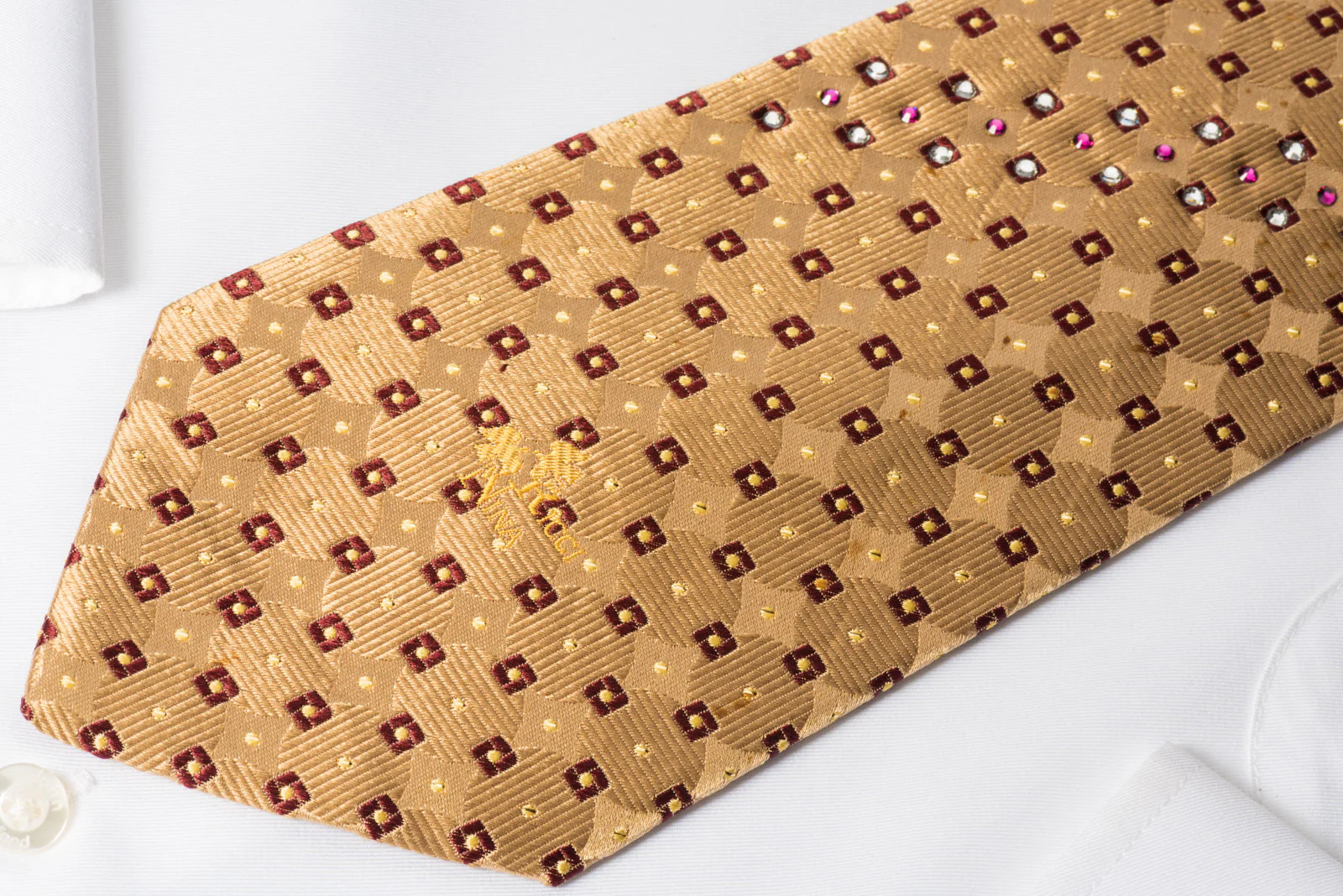 Nina Ricci Silk Rhinestone Necktie Golden Geometric Design With Sparkles - Image 3
