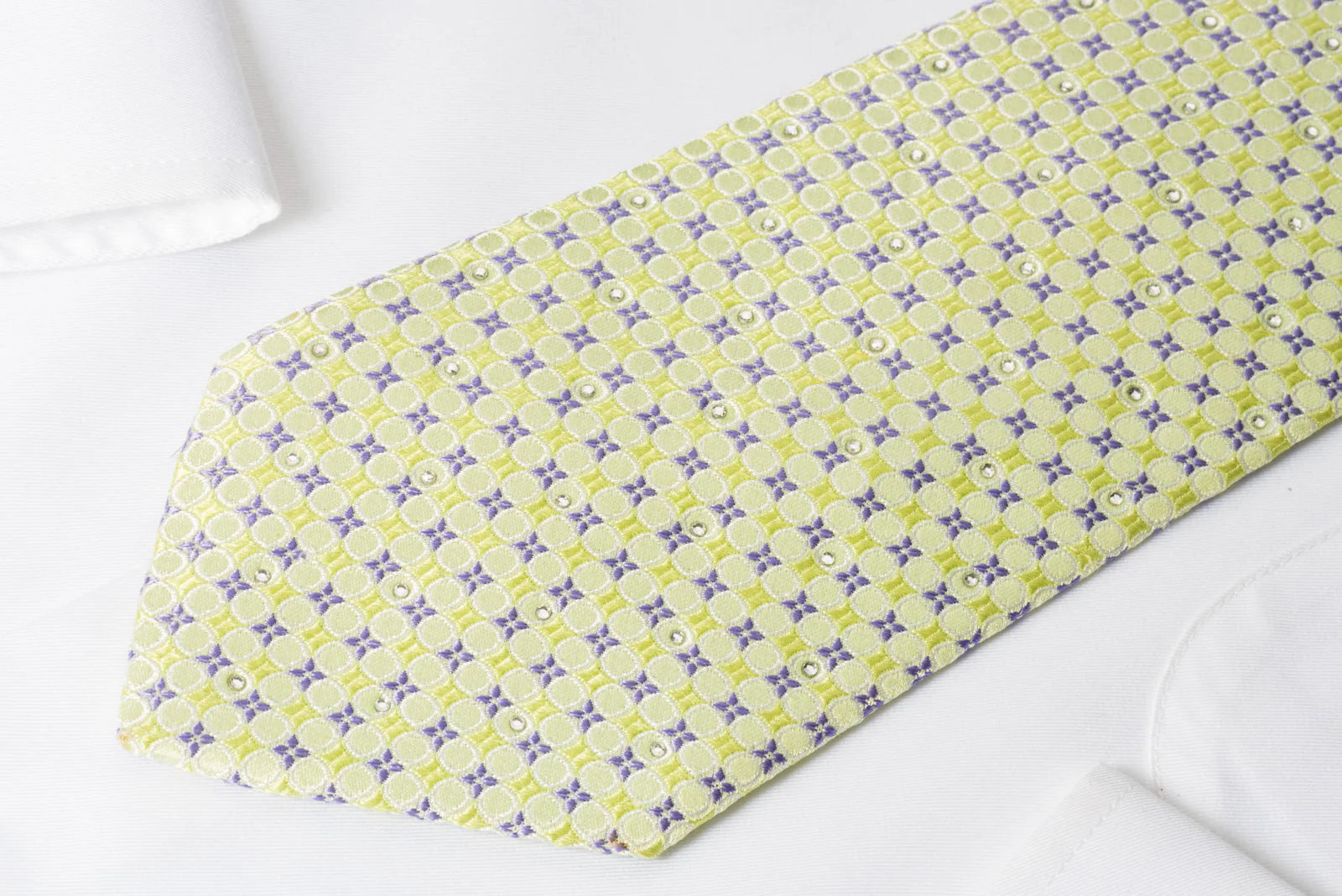 Nina Ricci Silk Rhinestone Necktie Lime Green & Mauve Geometric Design - Image 4