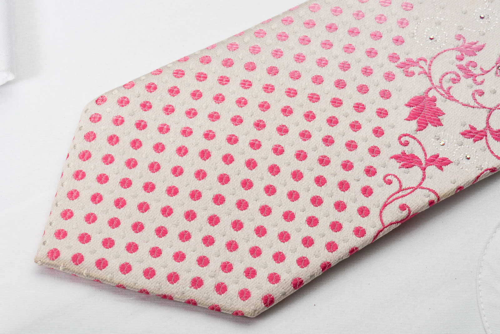 Nina Ricci Silk Rhinestone Necktie Pink Floral On White With Silver Sparkles - Image 2