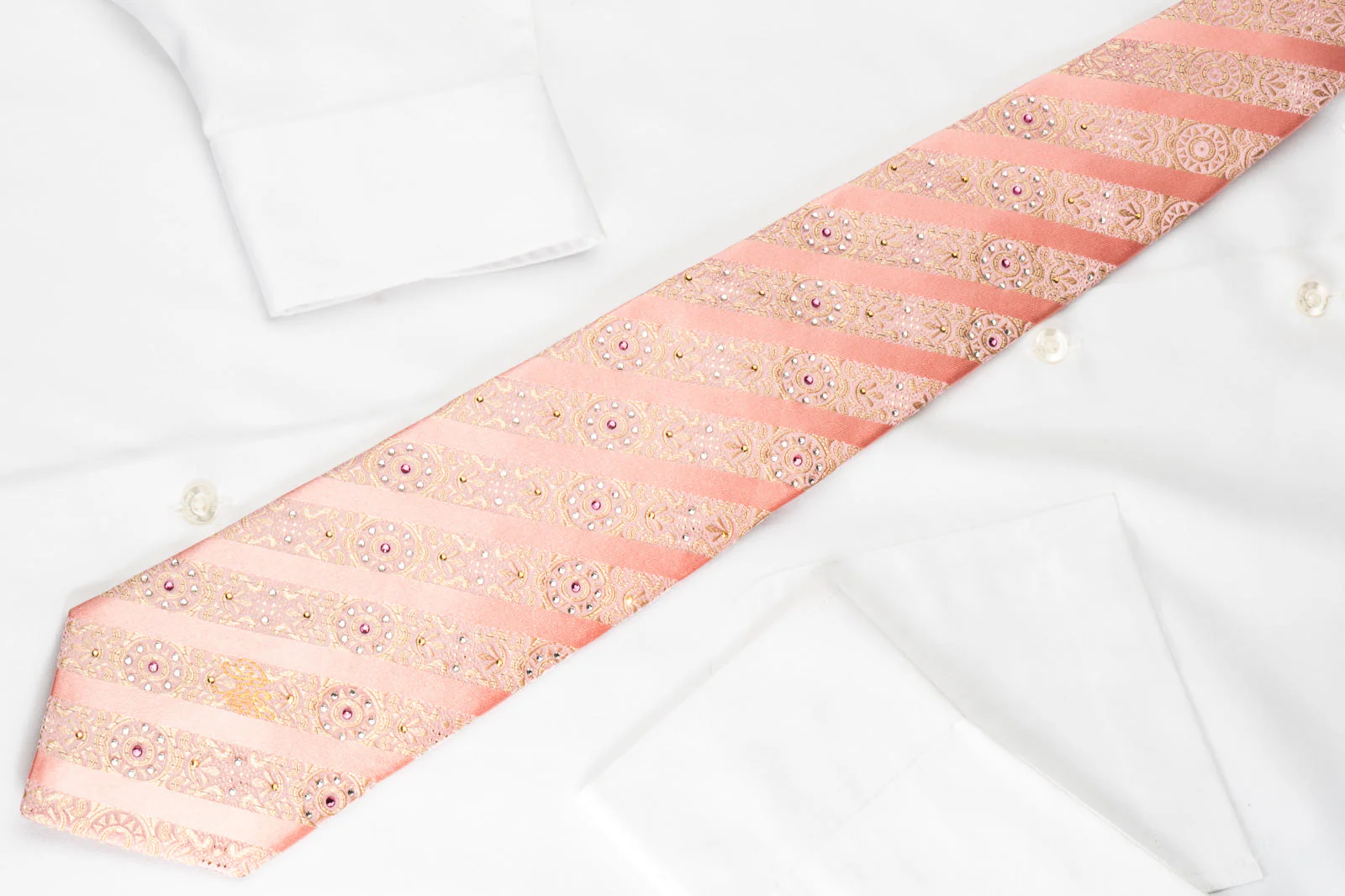 Nina Ricci Silk Rhinestone Necktie Stripes On Pink With Golden Sparkles - Image 2