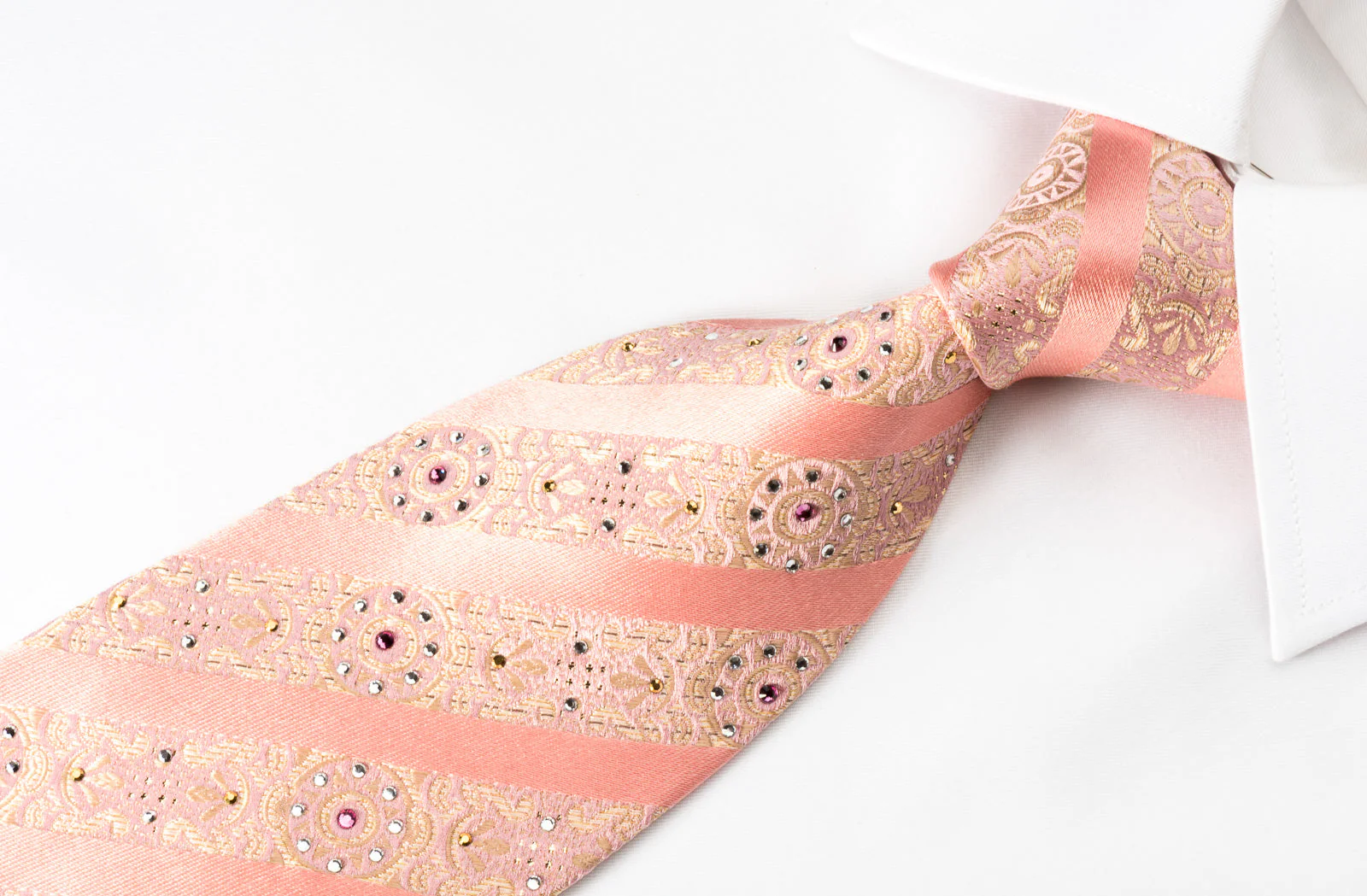 Nina Ricci Silk Rhinestone Necktie Stripes On Pink With Golden Sparkles - Image 5