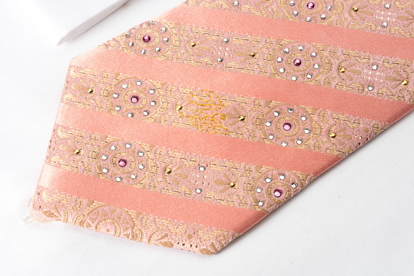 Nina Ricci Silk Rhinestone Necktie Stripes On Pink With Golden Sparkles - Image 7