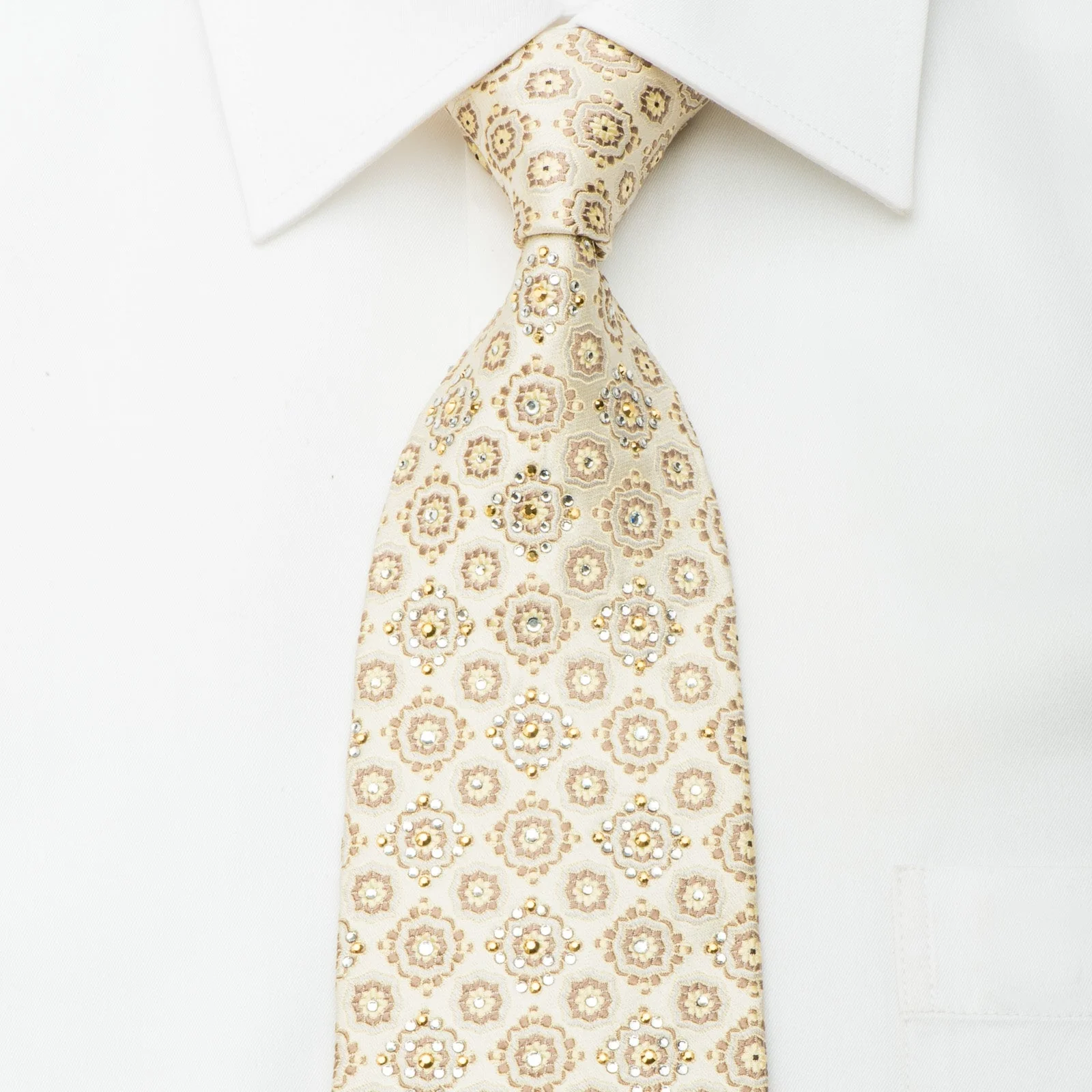 Nina Ricci Silk Tie Foulard On Golden Beige With Gold Rhinestuds