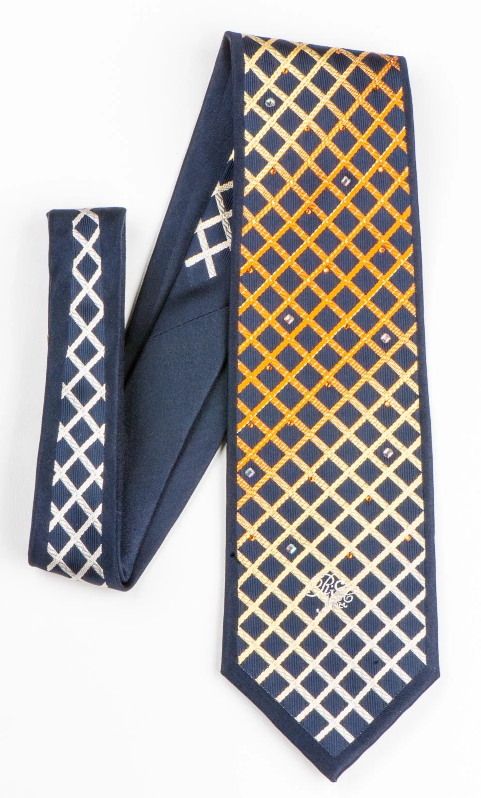 Nina Ricci Woven Silk Neck Tie Orange Yellow Checks On Black With Rhinestones - Image 5