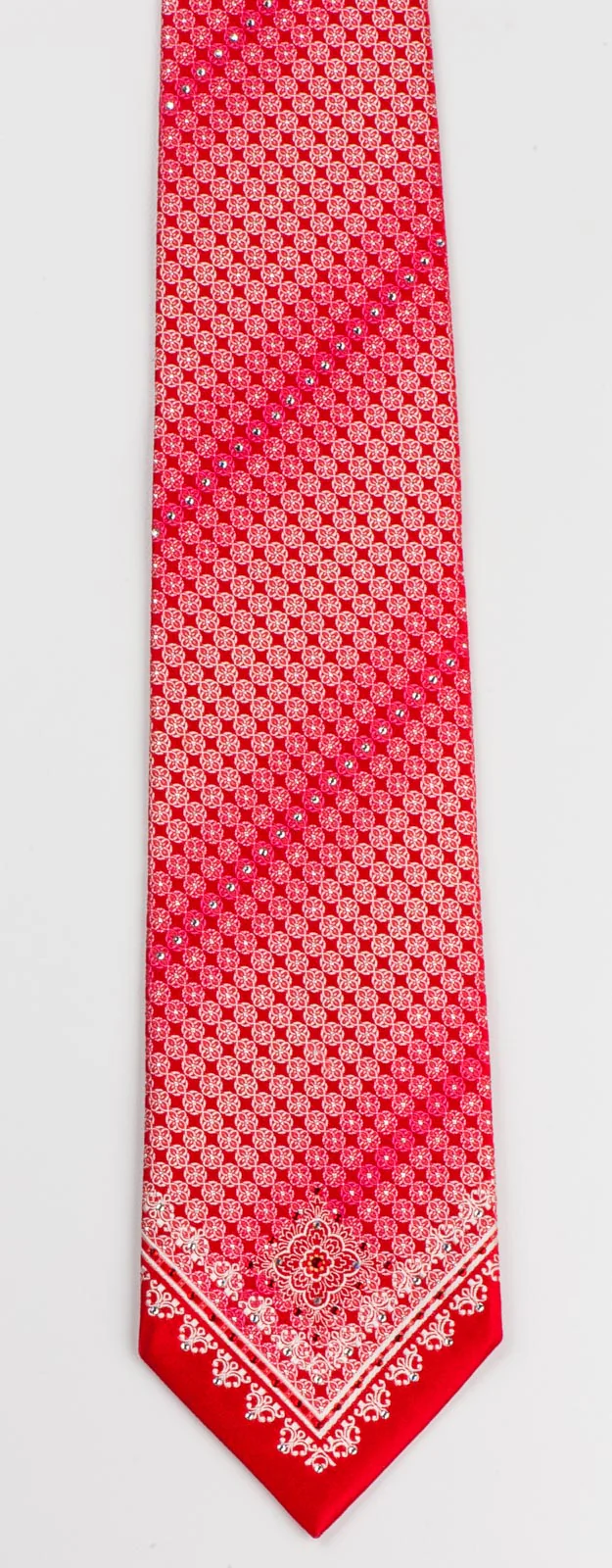 Nina Ricci Woven Silk Necktie White Foulard Pattern On Red With Rhinestones - Image 5