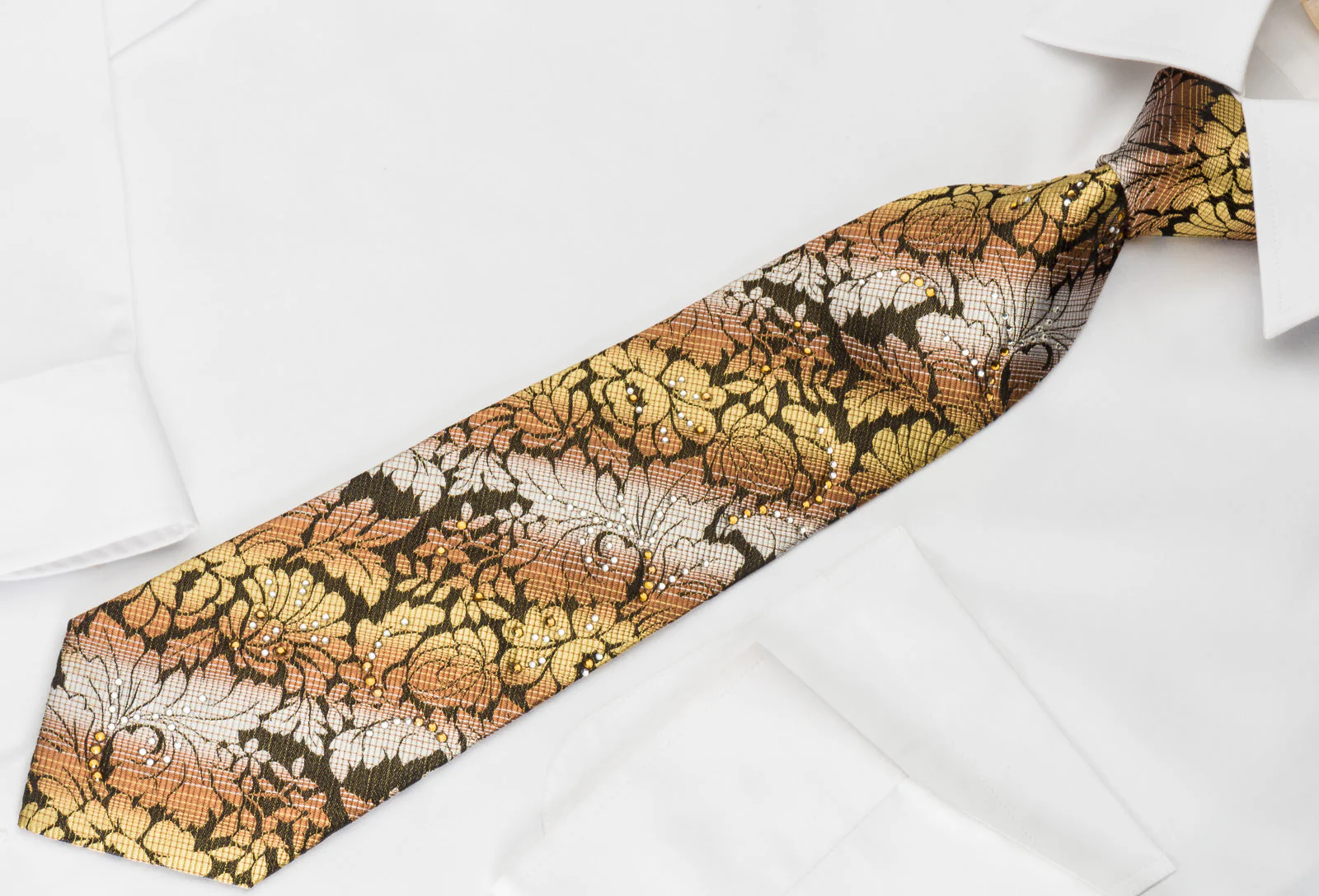 Odysseus Silk Necktie Floral On Brown With Rhinestones - Image 2
