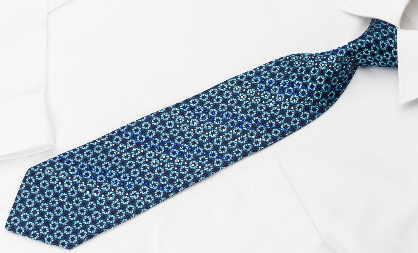 Odysseus Silk Rhinestone Necktie Chequer On Blue With Silver Sparkles - Image 3