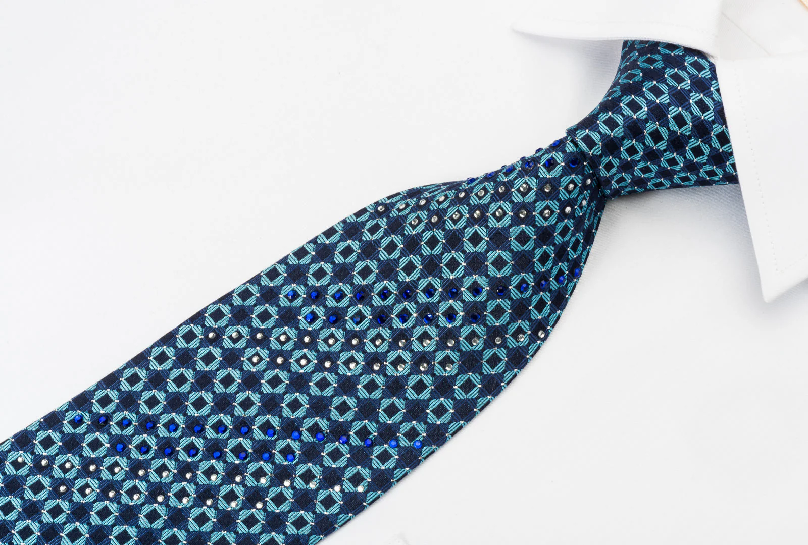 Odysseus Silk Rhinestone Necktie Chequer On Blue With Silver Sparkles - Image 5