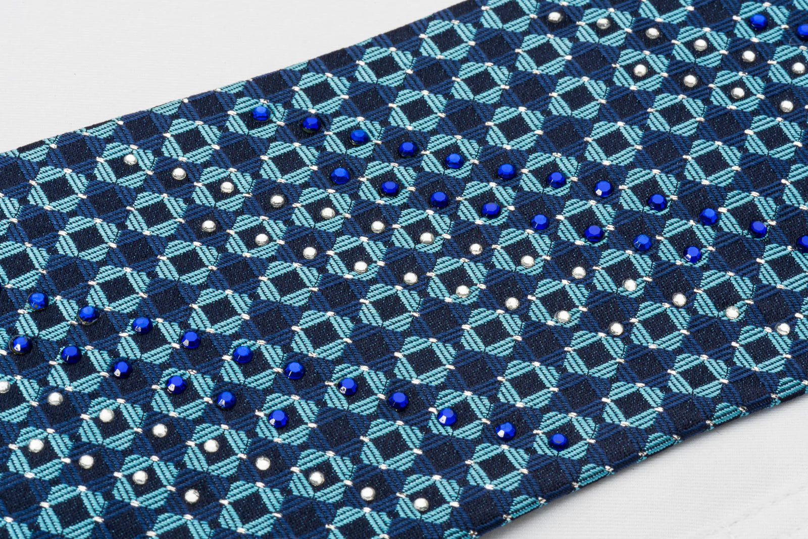 Odysseus Silk Rhinestone Necktie Chequer On Blue With Silver Sparkles - Image 7