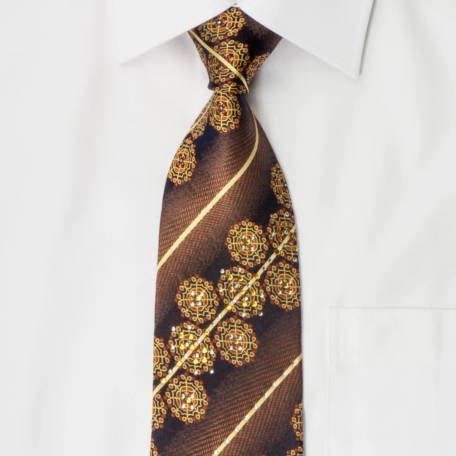 Odysseus Woven Silk Tie Golden Stripes & Medellions On Brown With Rhinestones - Image 2