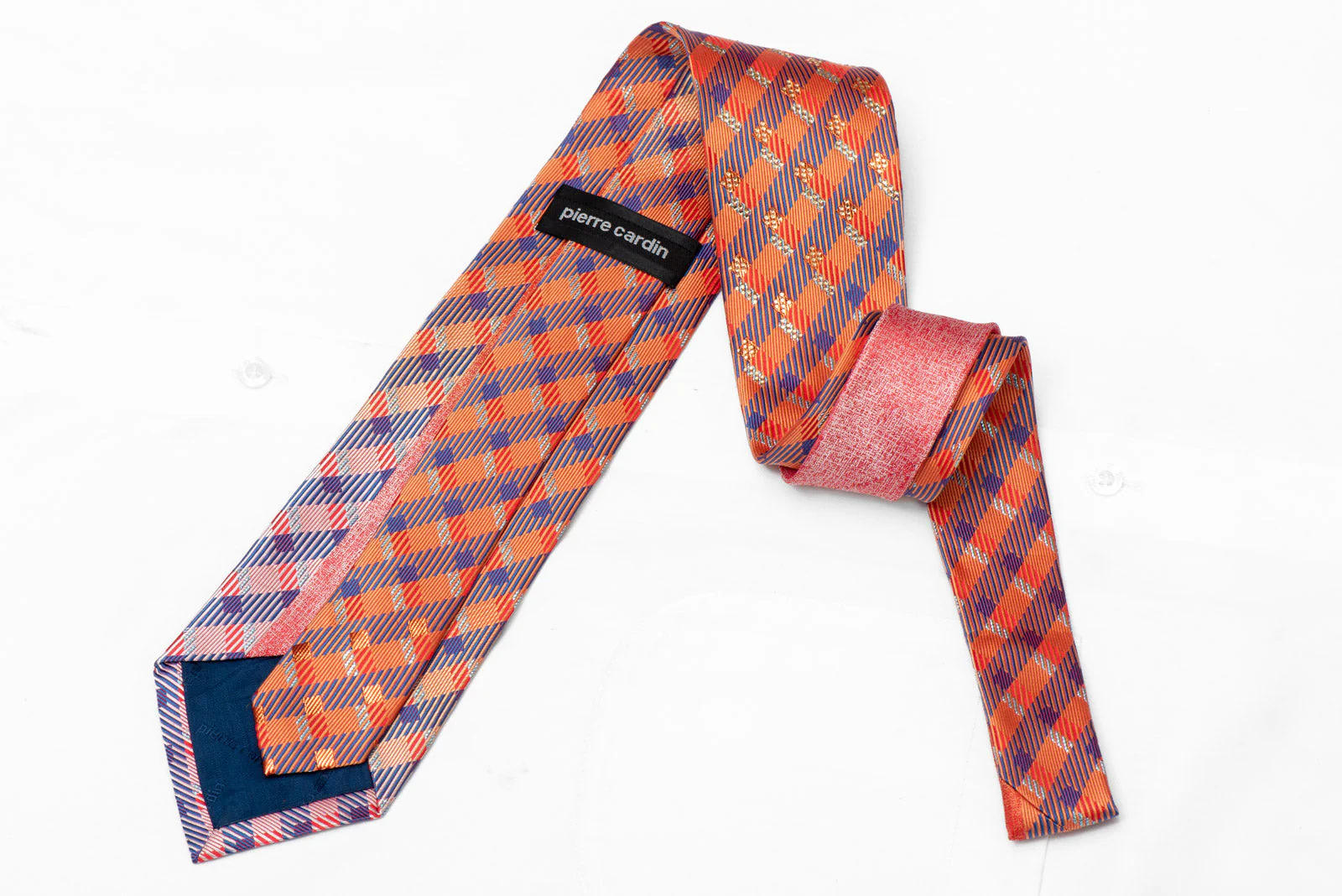 Orange Blue Checkered Rhinestone Silk Necktie With Silver Sparkles - Image 3