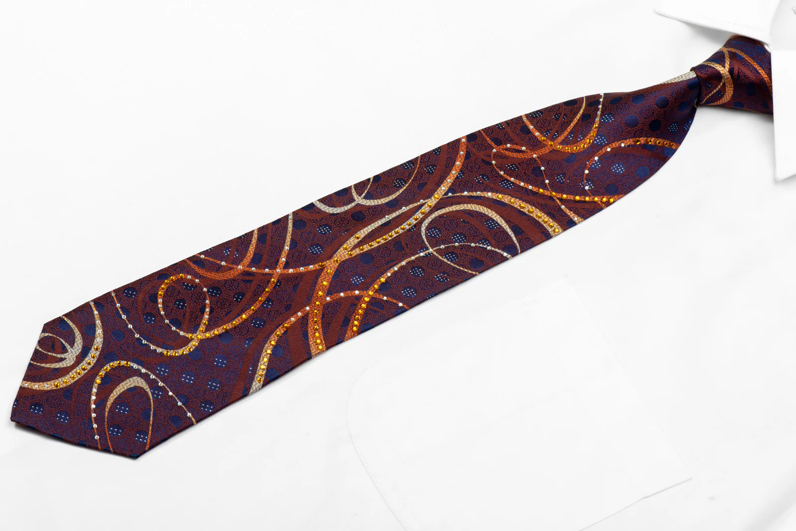 Orange Brown Scrolls On Navy Rhinestone Silk Tie With Silver Sparkles - Image 3