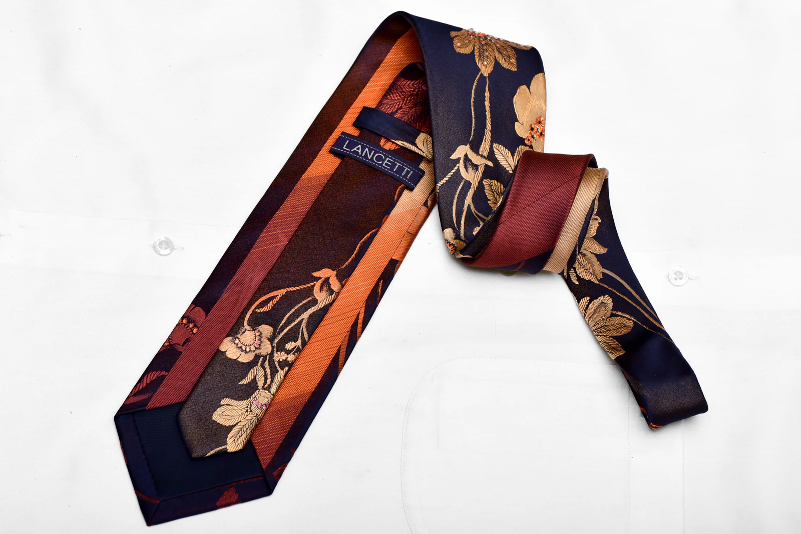 Orange Floral On Navy Rhinestone Silk Necktie - Image 4