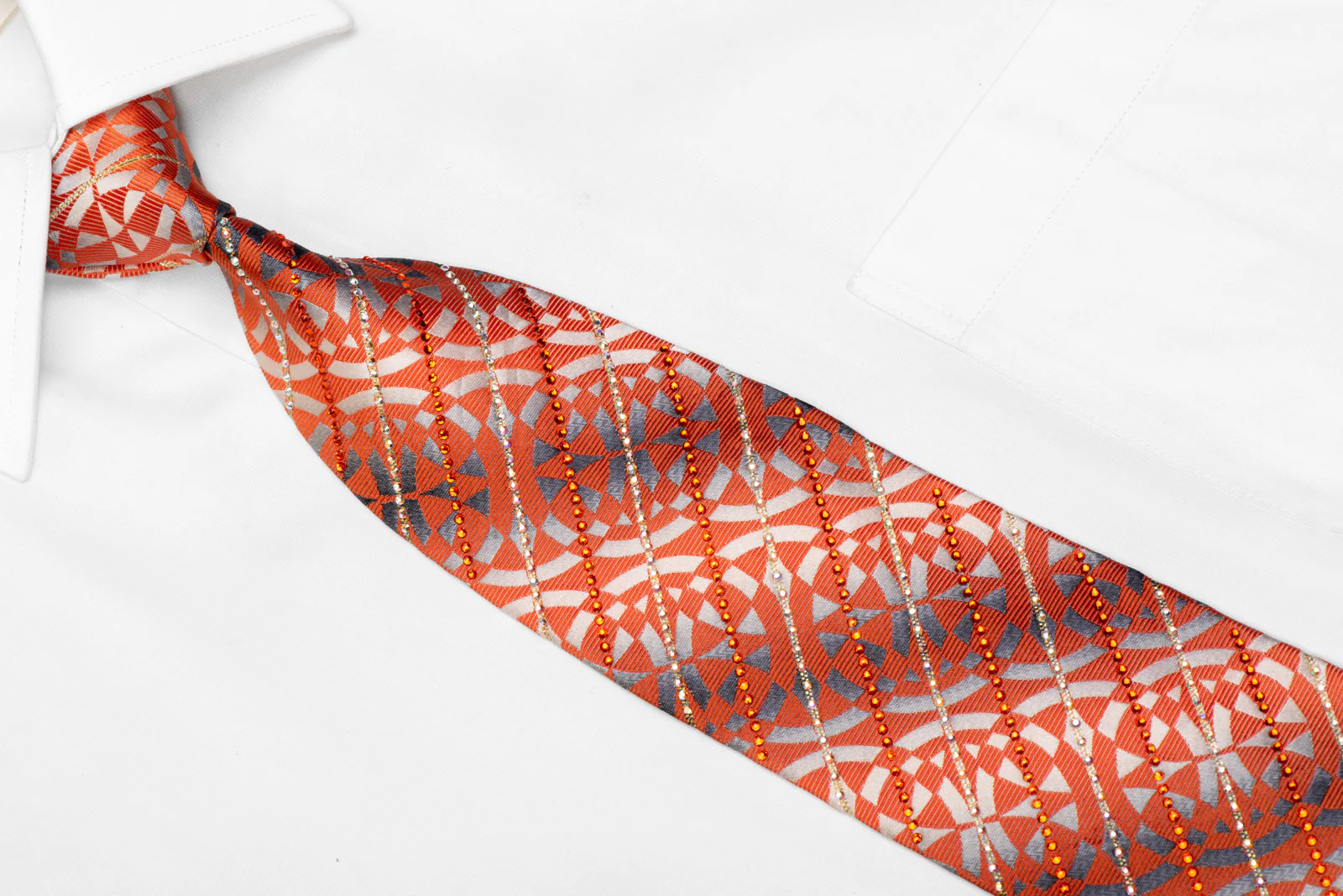 Orange Geometric On Silver Rhinestone Necktie With Silver Sparkles - Image 2
