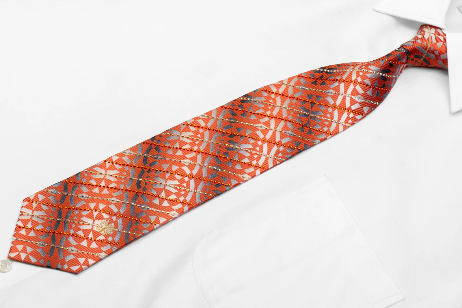Orange Geometric On Silver Rhinestone Necktie With Silver Sparkles - Image 3