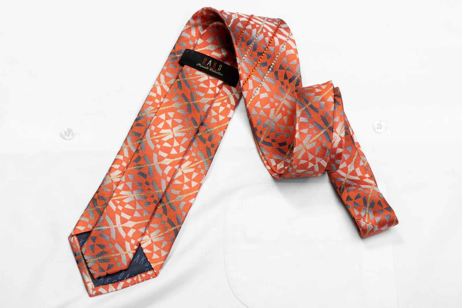 Orange Geometric On Silver Rhinestone Necktie With Silver Sparkles - Image 4
