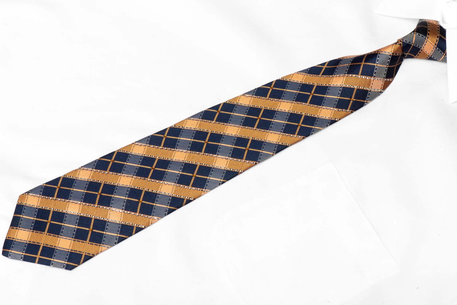 Orange Navy Plaid Design Rhinestone Silk Tie With Silver Sparkles - Image 2