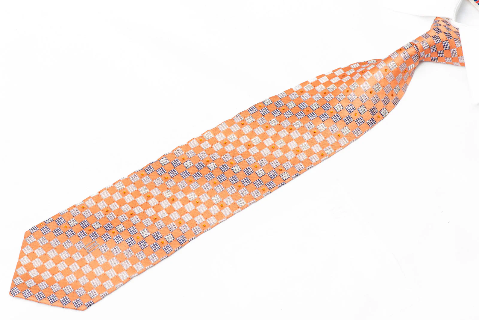 Orange Silver Checkered Woven Silk Tie with Rhinestones and Silver Sparkles - Image 2