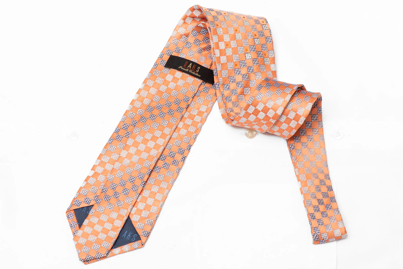 Orange Silver Checkered Woven Silk Tie with Rhinestones and Silver Sparkles - Image 3